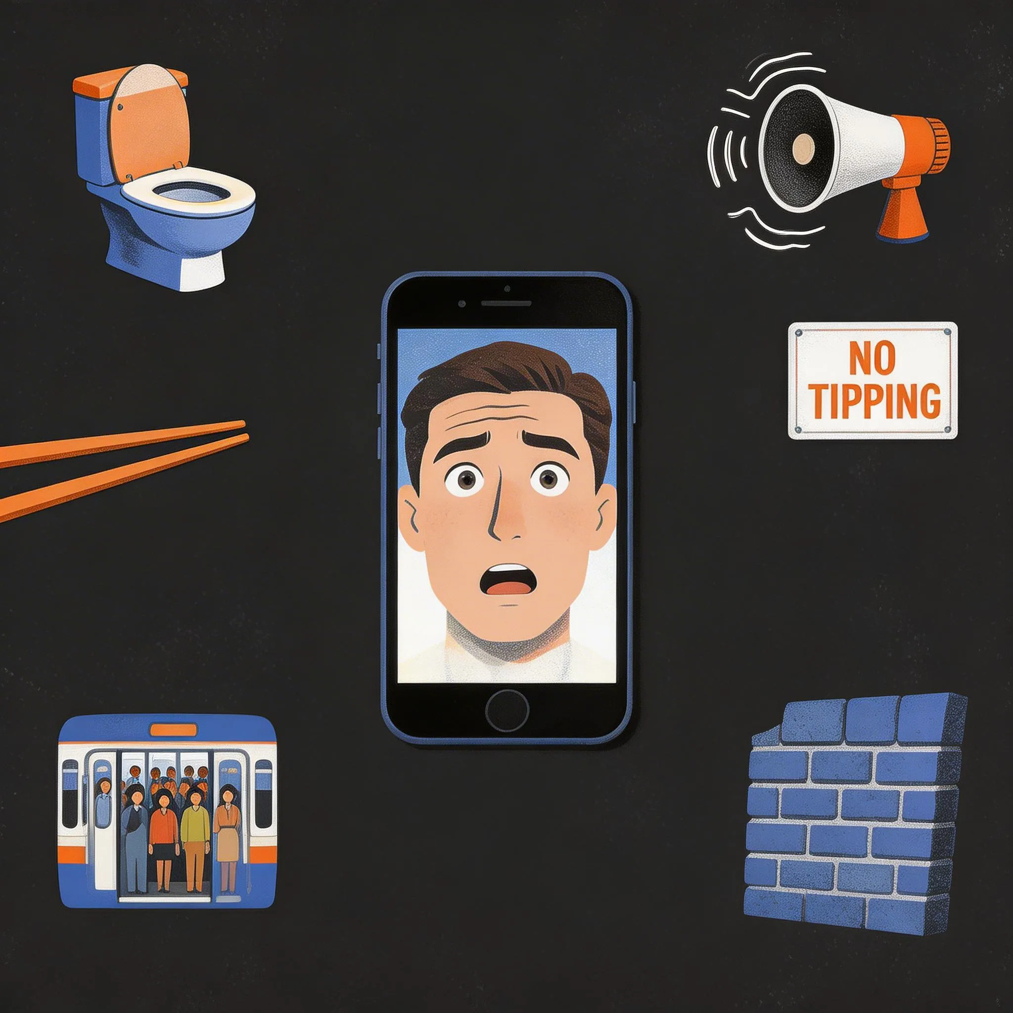Illustrated culture shock symbols — toilet, no tipping, crowded metro, Great Firewall, chopsticks