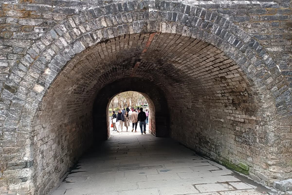 Brick tunnel walkway inside Nantou Ancient City in Shenzhen
