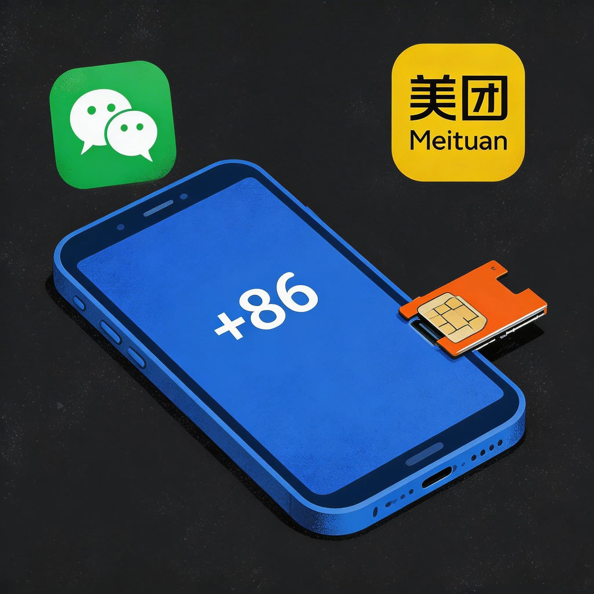 Illustrated phone displaying +86 number with SIM card and WeChat, Meituan app icons