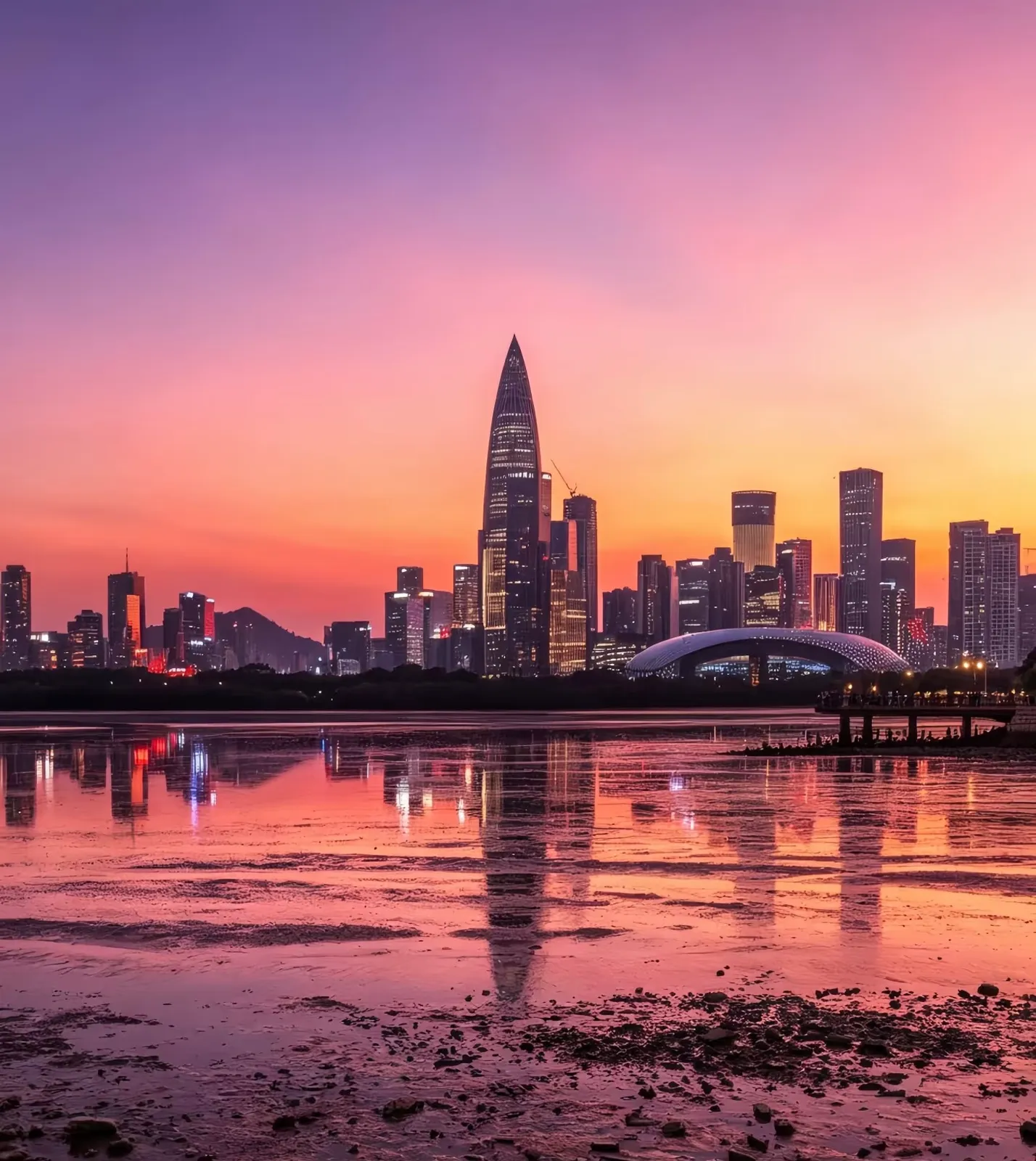 Shenzhen Bay skyline with China Resources Tower at sunset