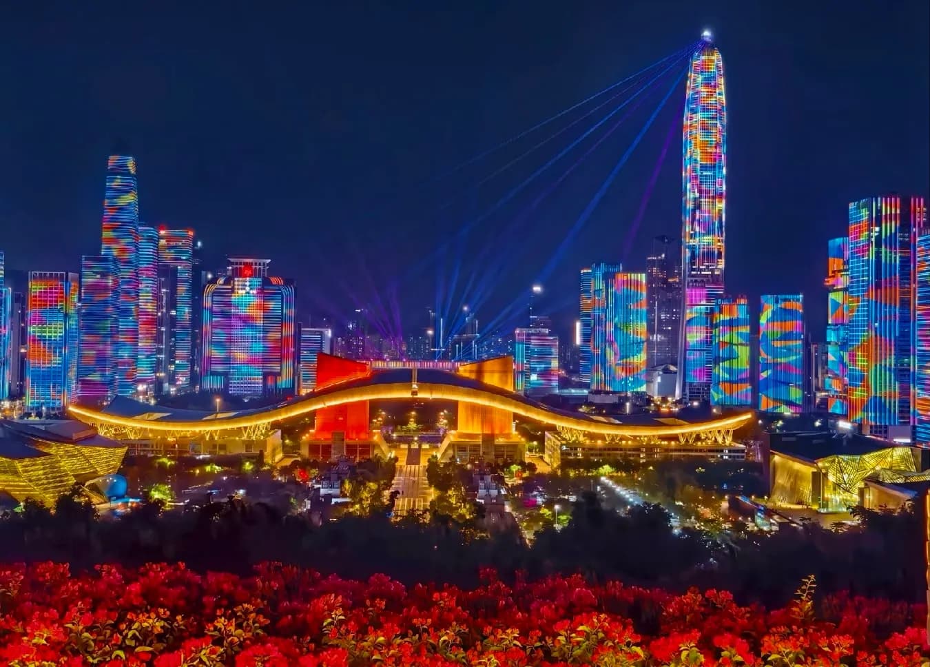 Shenzhen Civic Center light show with Ping An Finance Center lit up