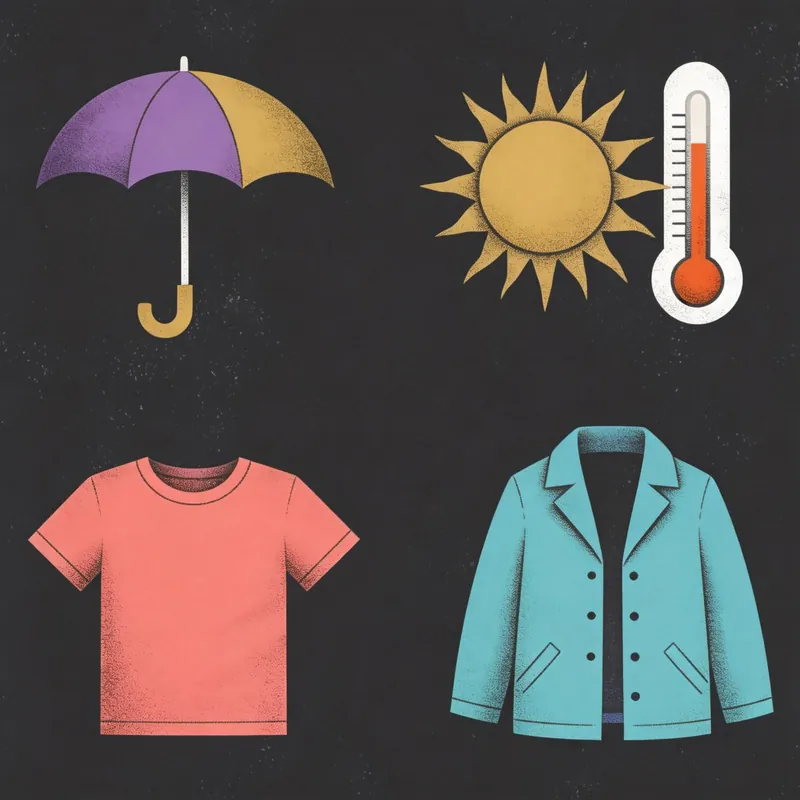 Illustrated umbrella, sun, thermometer, T-shirt and light jacket for Shenzhen weather