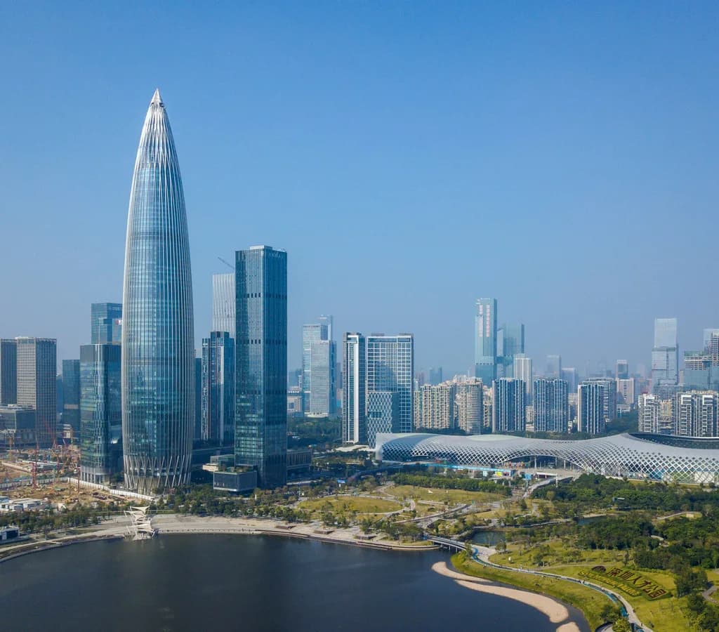 China Resources Tower, Shenzhen Bay Sports Center, and the Nanshan skyline from Shenzhen Bay