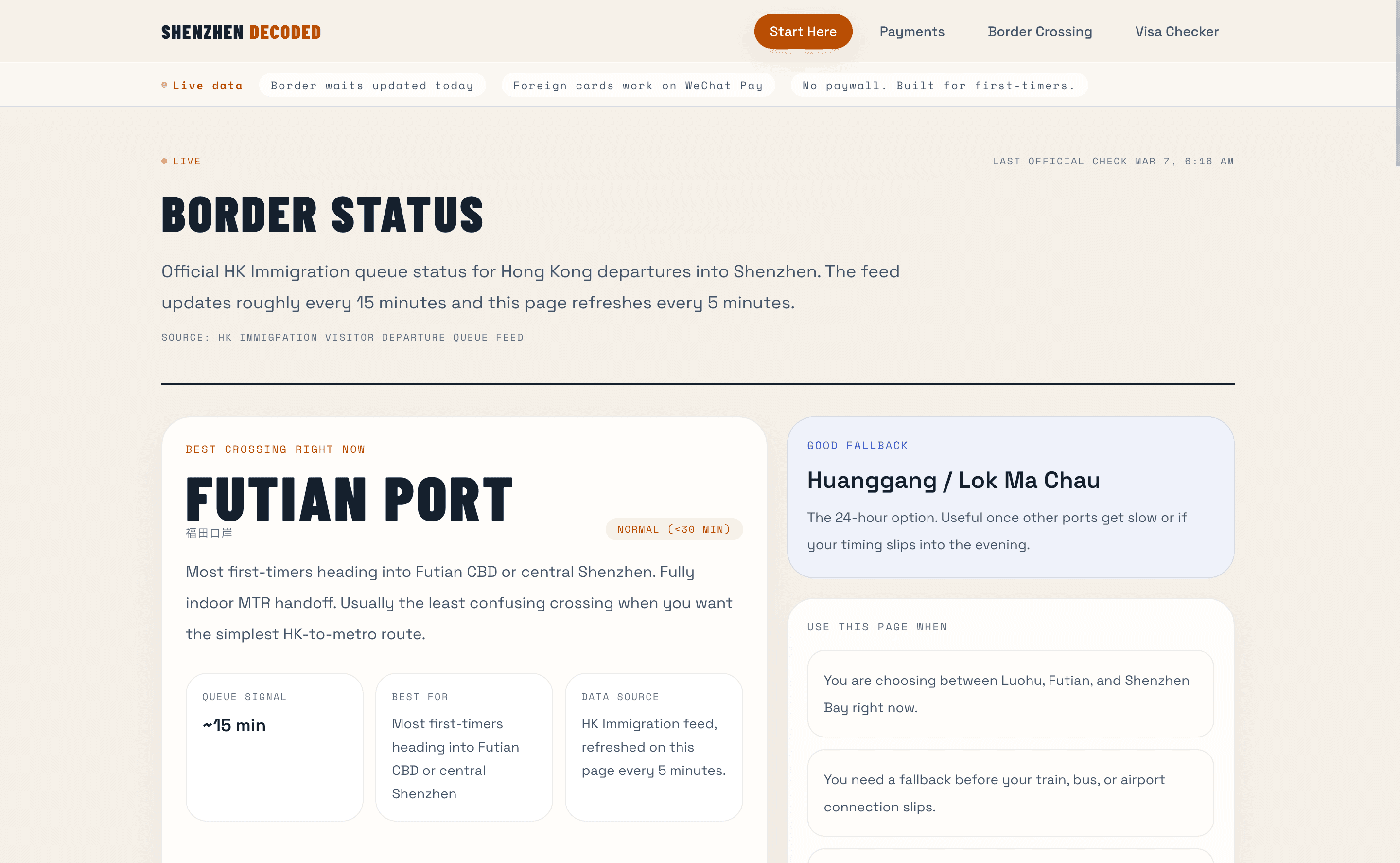 Screenshot of the live Shenzhen border status page with crossing cards and current queue information.